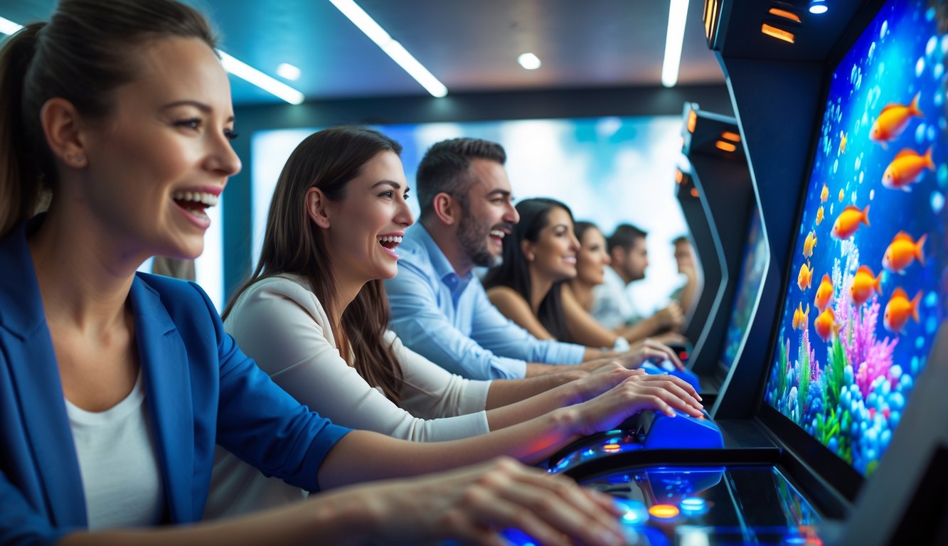Orang-orang bermain permainan tembak ikan 3D di sebuah arcade modern dengan layar berwarna-warni dan suasana kompetitif.