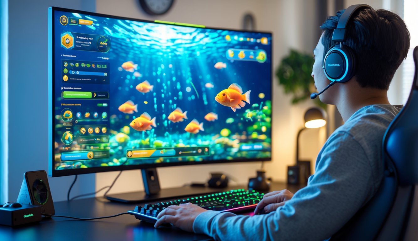 Seorang pemain dewasa sedang bermain game tembak ikan 3D di komputer dengan latar belakang bawah laut yang berwarna-warni.