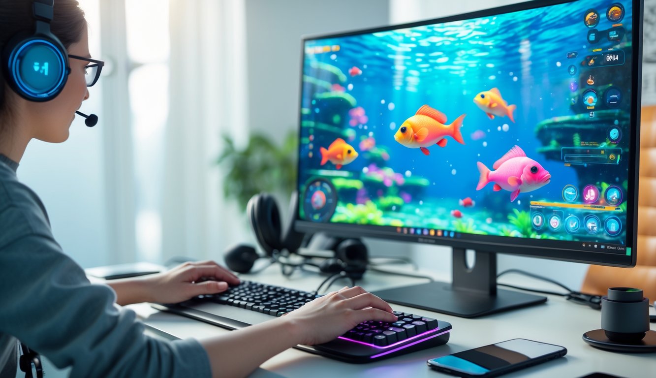 Seseorang sedang bermain game tembak ikan 3D di komputer dengan layar penuh warna ikan dan elemen permainan di meja yang rapi.