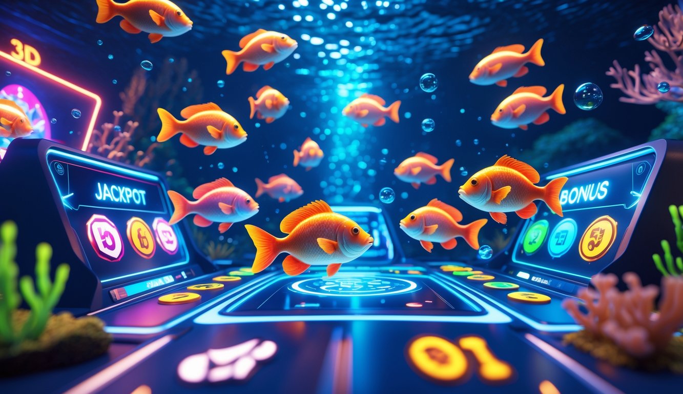Layar permainan 3D ikan warna-warni dengan efek cahaya neon dan latar bawah laut yang penuh terumbu karang.