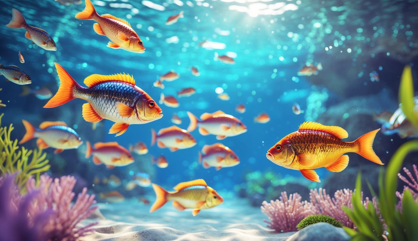 Pemandangan bawah laut dengan berbagai ikan warna-warni 3D berenang di air jernih dengan terumbu karang di latar belakang.