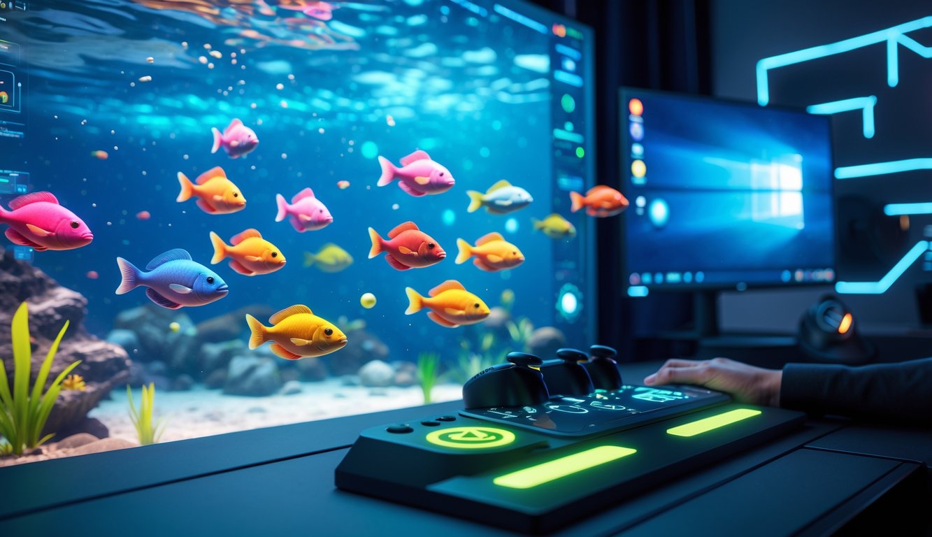 Lingkungan bawah laut dengan ikan 3D berwarna-warni dan antarmuka permainan modern yang futuristik menampilkan pengalaman bermain yang ditingkatkan.