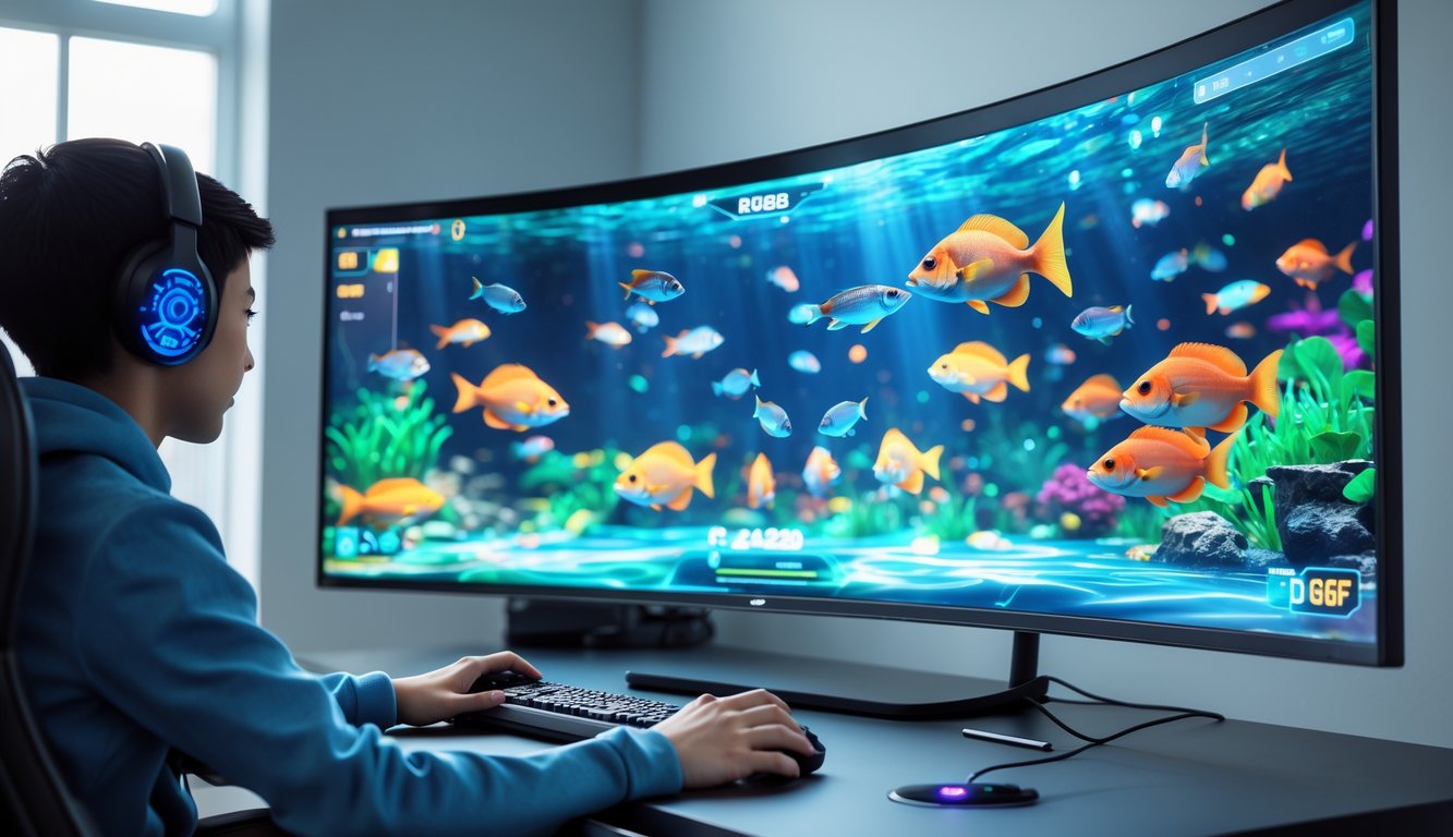 Seorang pemain sedang bermain game tembak ikan 3D di depan monitor dengan grafis ikan berwarna-warni di ruangan yang rapi dan terang.
