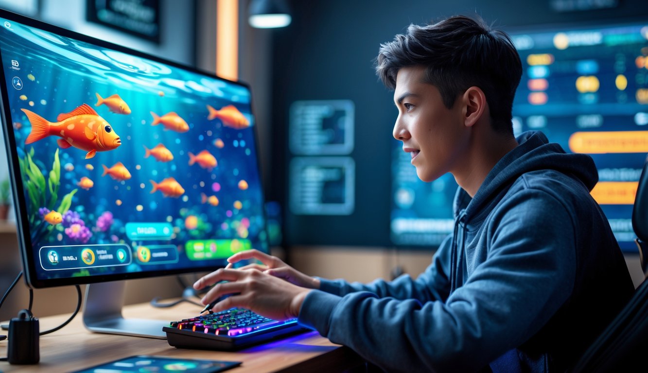 Seorang pemain muda sedang fokus bermain game tembak ikan di perangkat modern dengan layar menampilkan ikan berwarna-warni dan elemen permainan bonus.