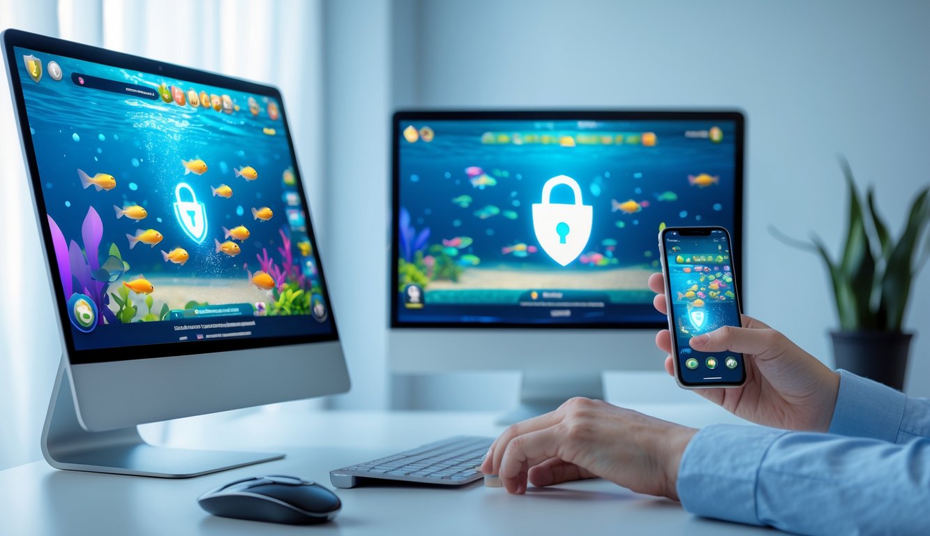 Seseorang menggunakan komputer dan ponsel untuk bermain game tembak ikan dengan latar belakang biru yang tenang.