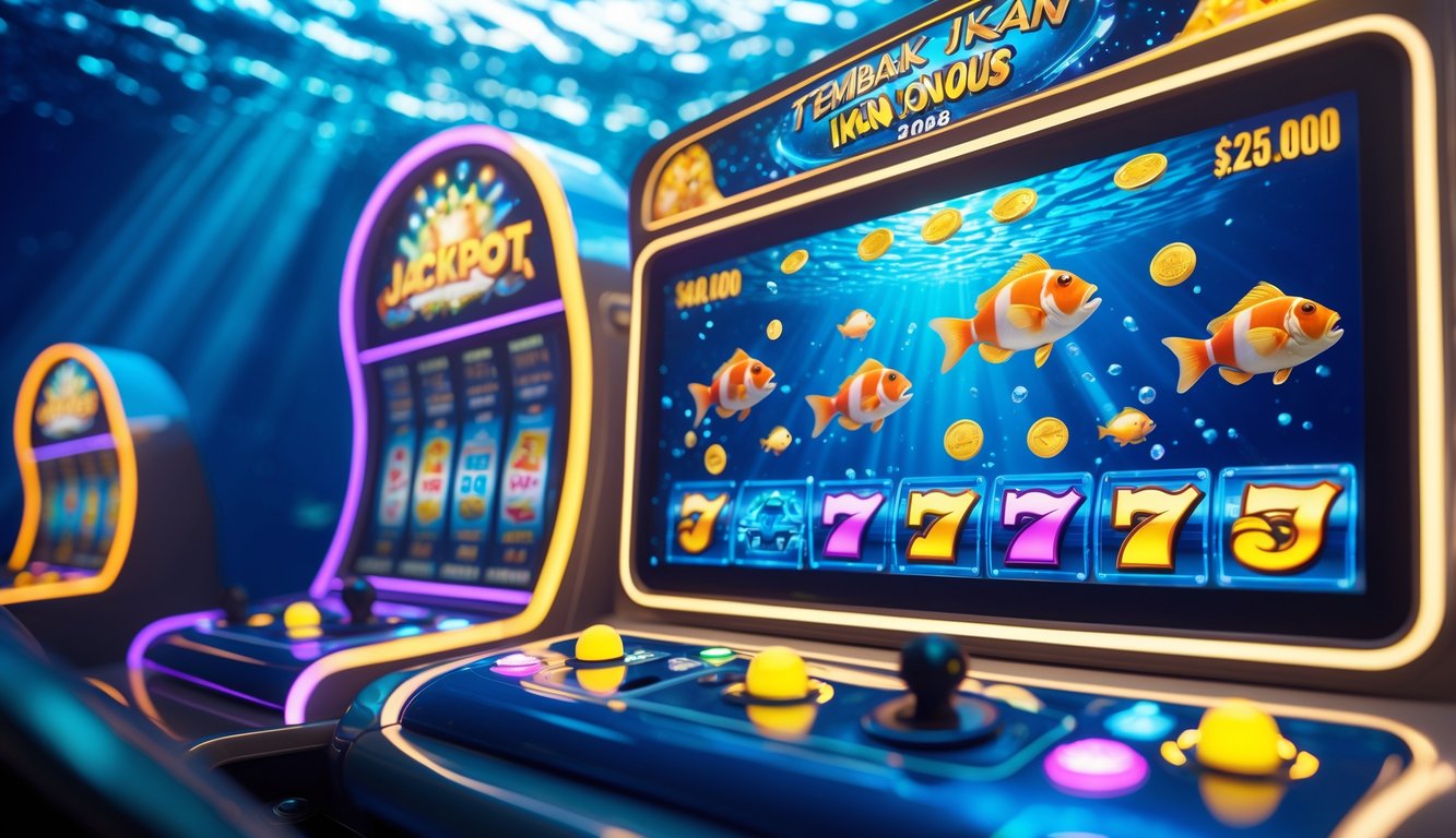 Suasana permainan judi tembak ikan dengan ikan berwarna-warni dan simbol jackpot di layar mesin permainan.