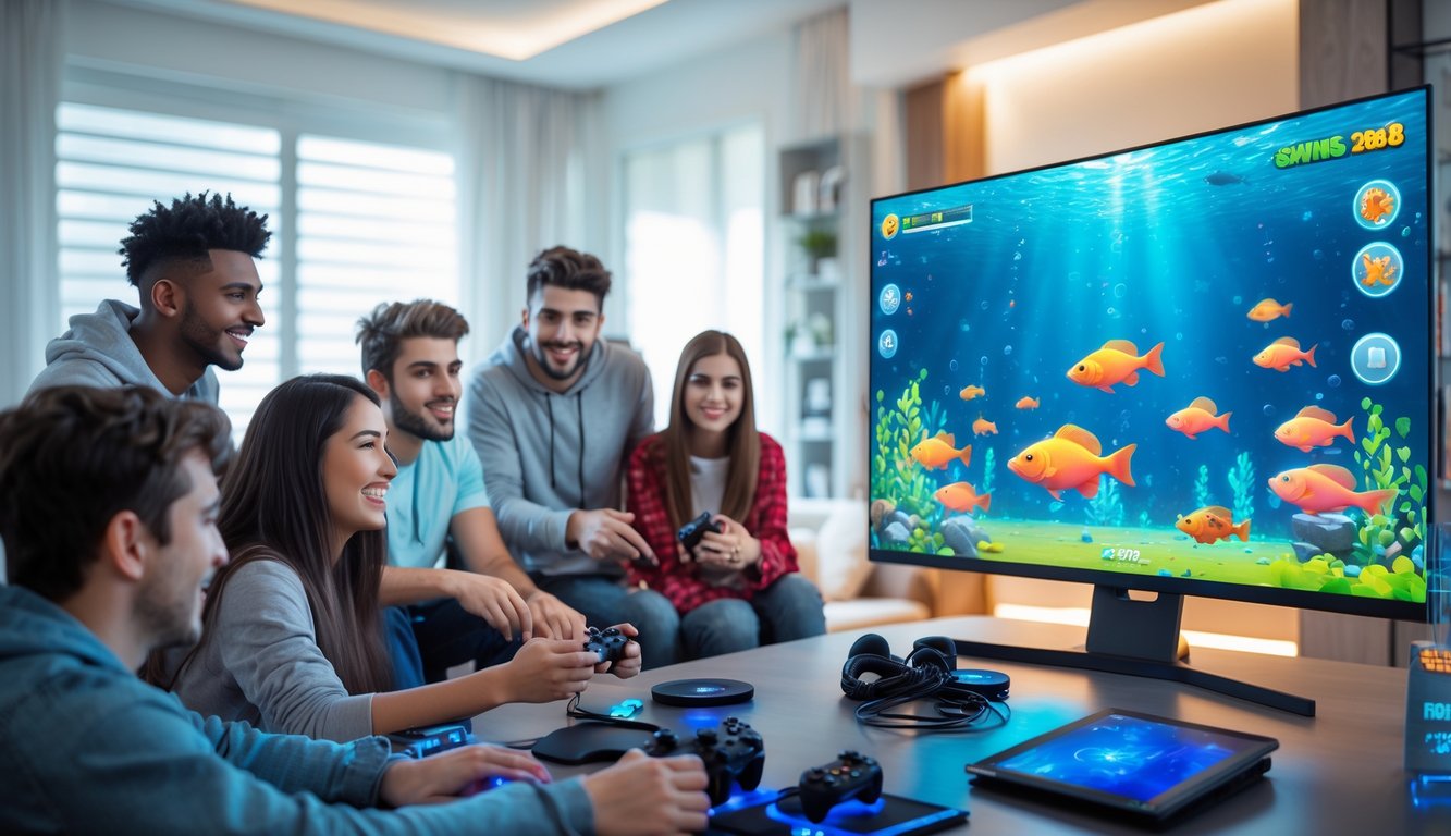 Sekelompok orang muda sedang bermain game menembak ikan di layar digital besar di ruang santai dengan pencahayaan hangat.