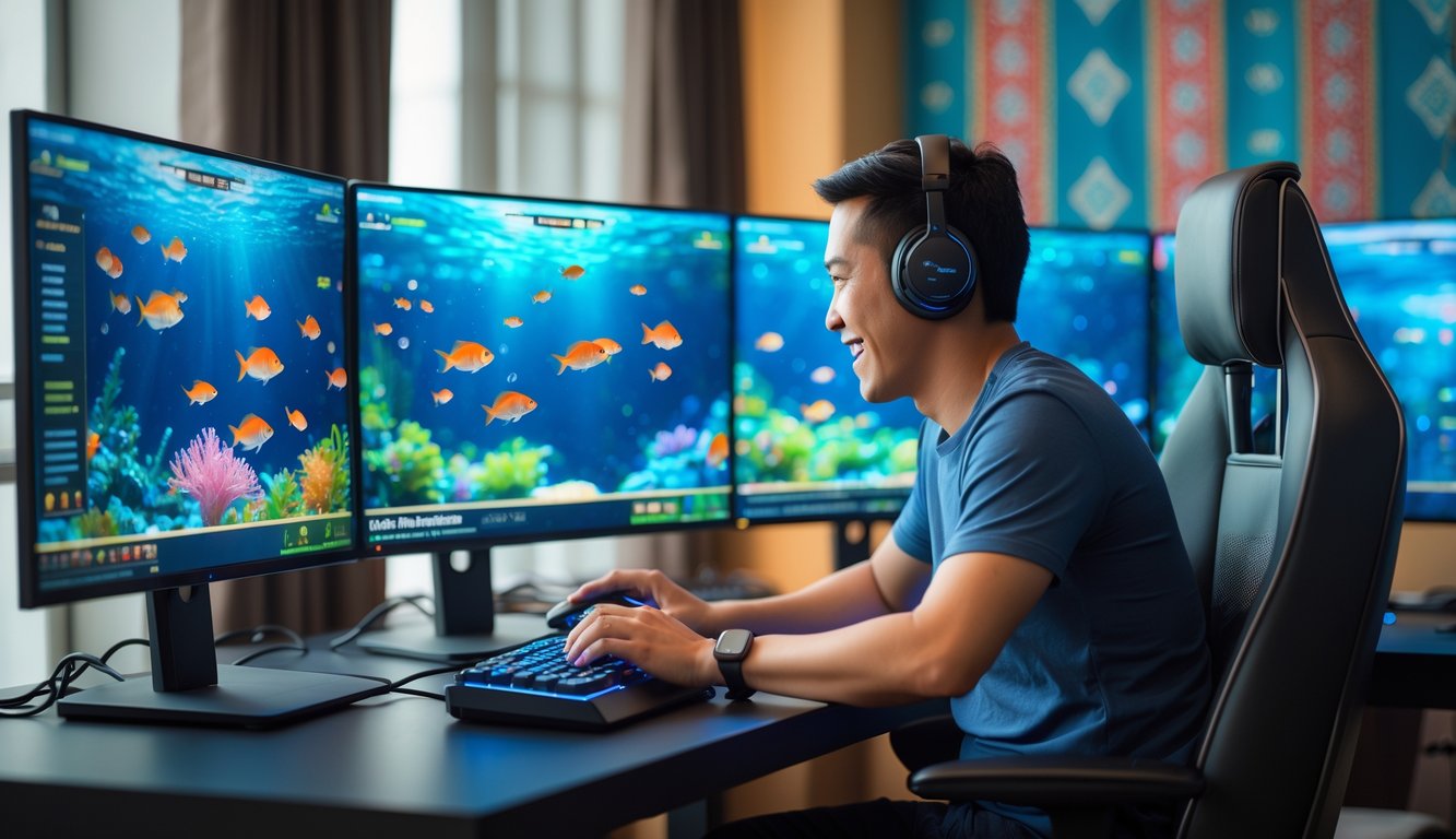 Seorang pemain dewasa sedang bermain game tembak ikan di komputer dengan latar belakang ruangan yang nyaman dan dekorasi batik.