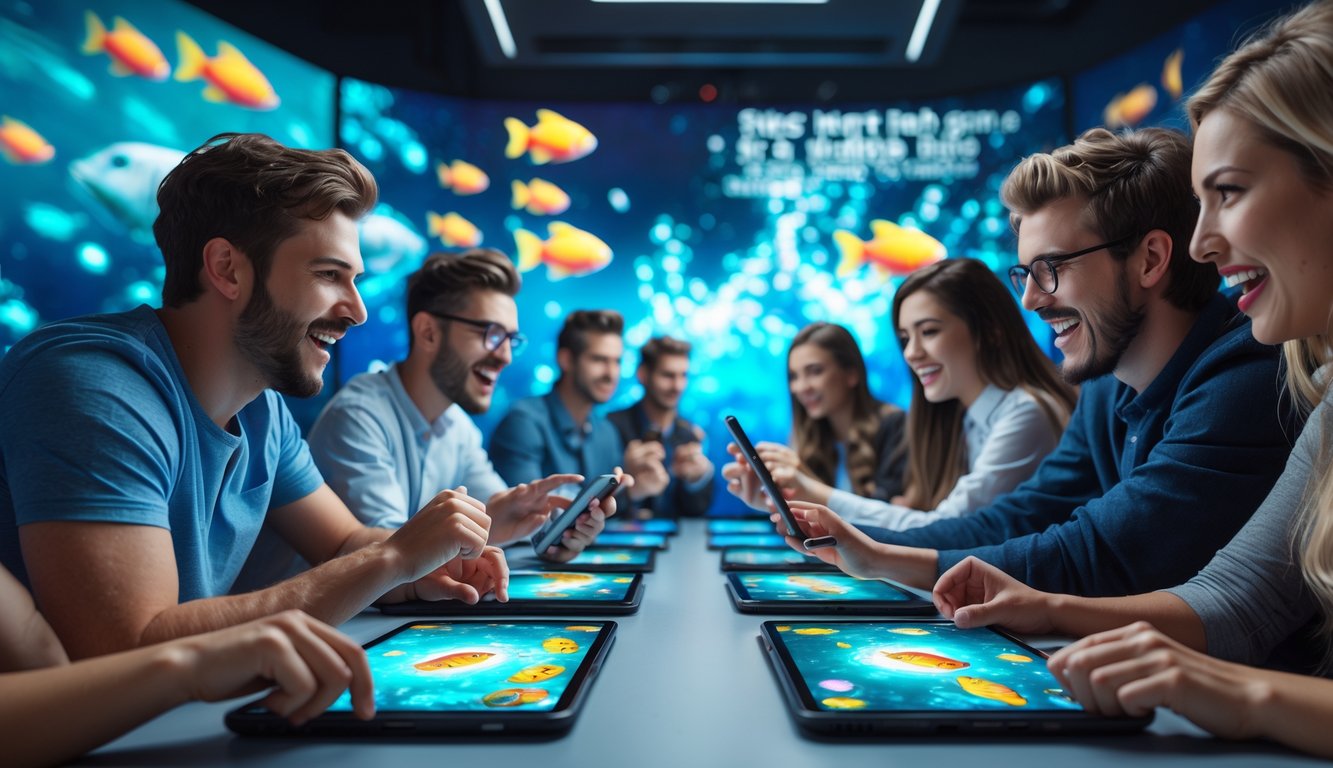 Sekelompok orang muda bermain game tembak ikan di perangkat digital dengan latar belakang grafis ikan dan suasana ceria.