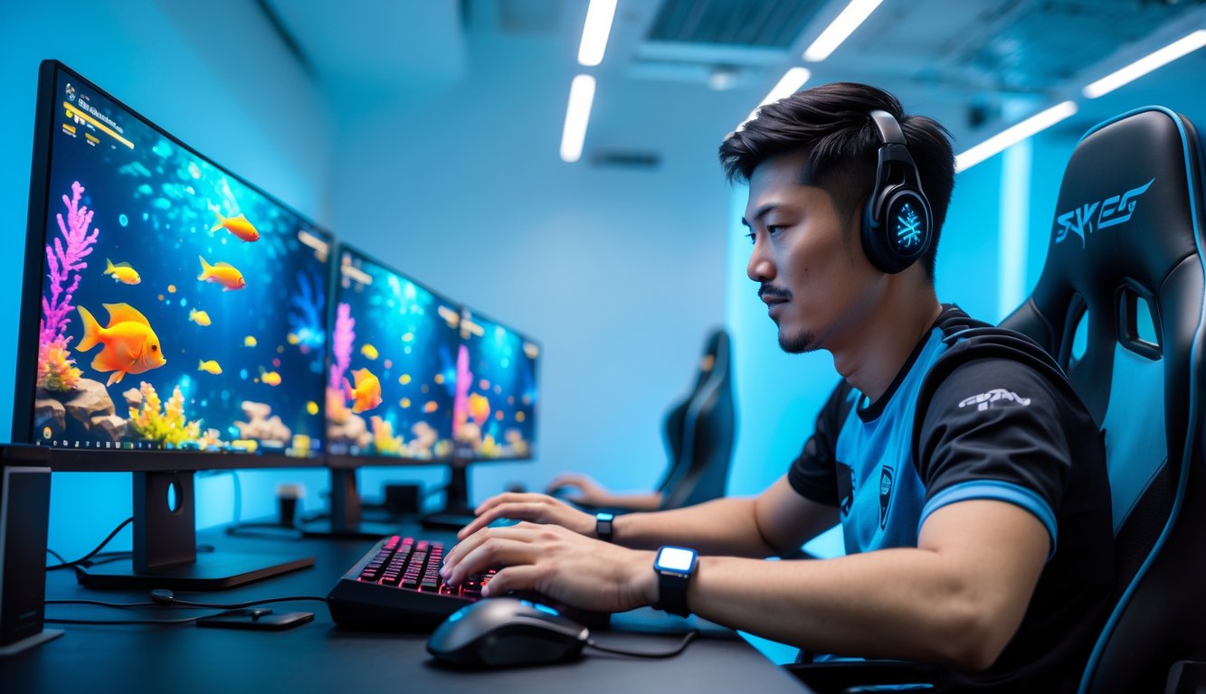 Seorang pria Asia fokus bermain game tembak ikan di komputer dengan latar belakang ruangan gaming modern berlampu biru.