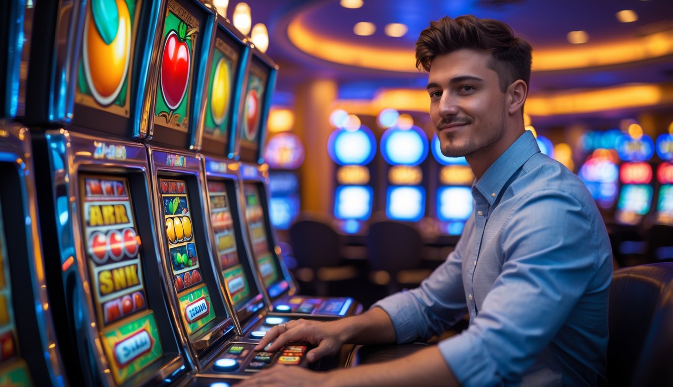 Seorang pria muda sedang bermain mesin slot dengan simbol buah di kasino yang terang dan modern.