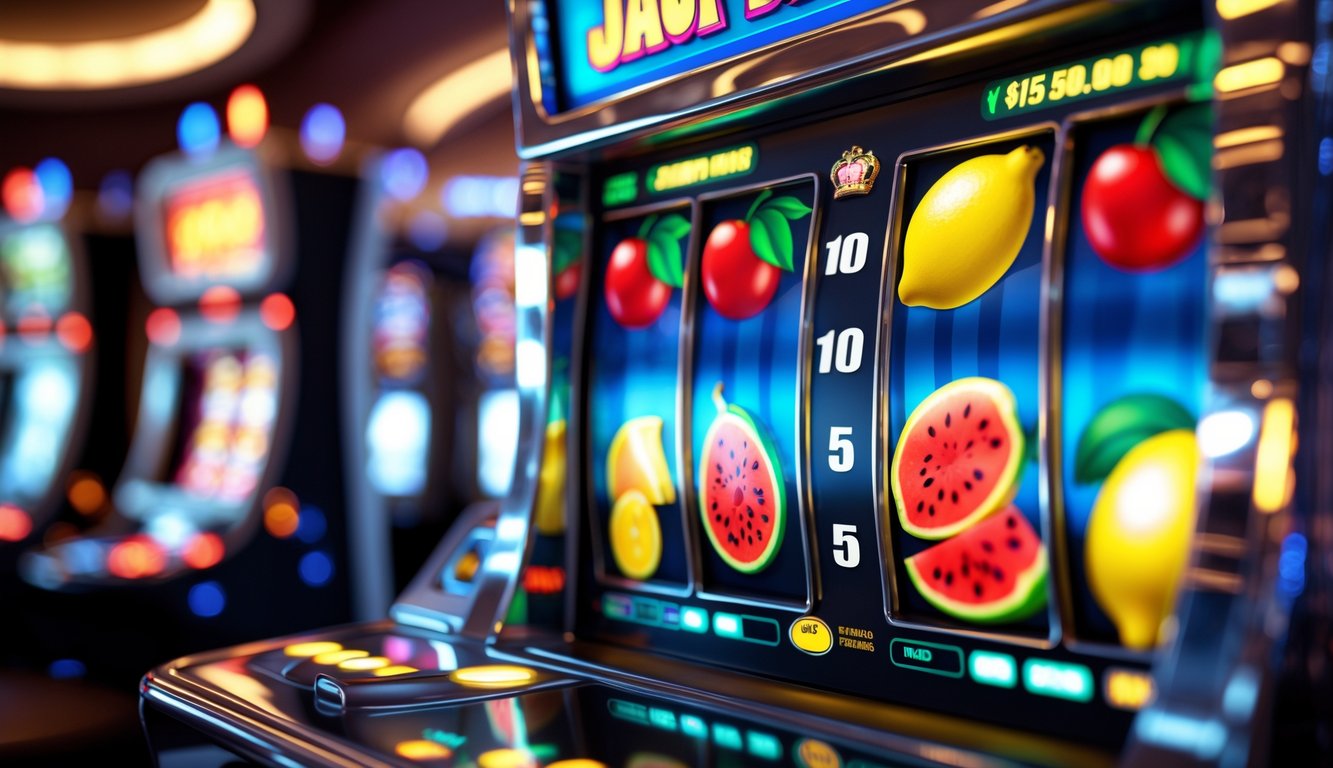 Mesin slot buah berwarna cerah dengan simbol kemenangan dan lampu yang menyala di kasino.