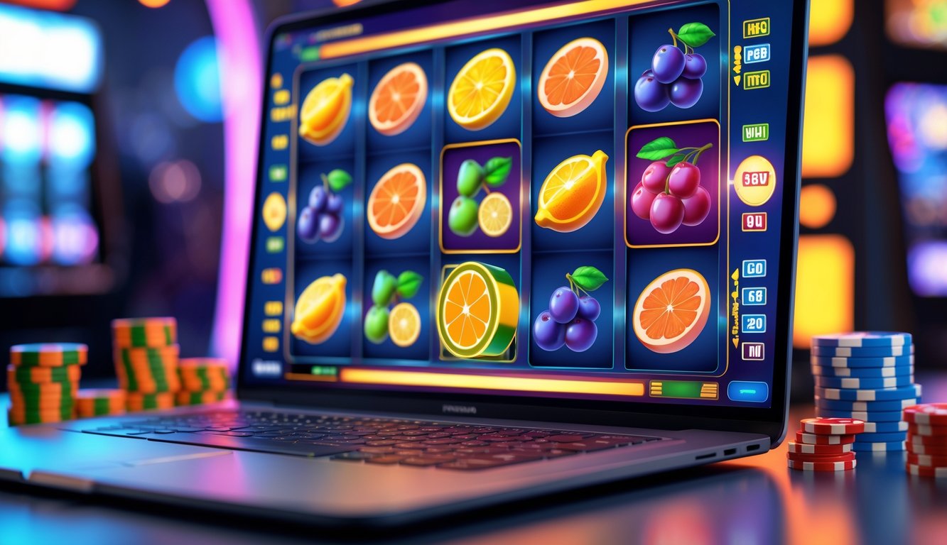 Layar komputer menampilkan permainan slot buah dengan simbol ceri, lemon, jeruk, semangka, dan anggur, dikelilingi oleh chip poker dan dadu.