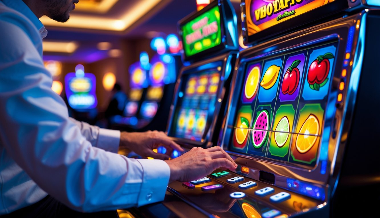 Tangan seseorang sedang bermain mesin slot buah di kasino dengan latar belakang suasana kasino yang mewah dan pencahayaan lembut.
