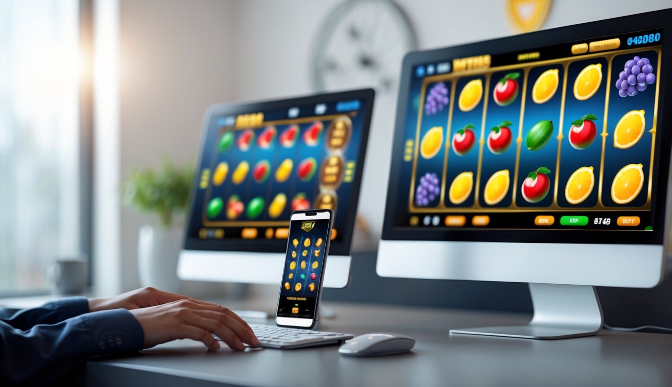 Layar komputer dan ponsel menampilkan permainan mesin slot buah yang berwarna-warni di lingkungan kerja modern.