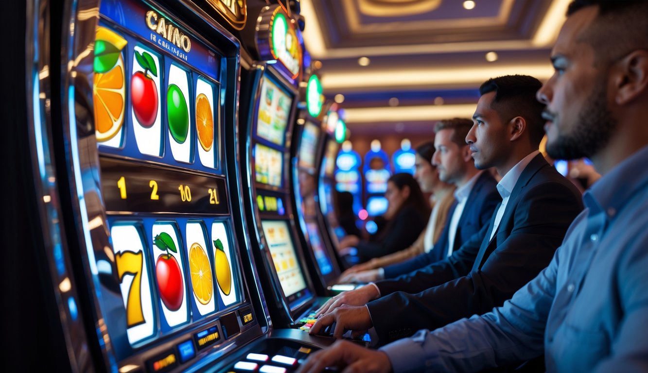 Orang-orang bermain mesin slot buah di dalam kasino yang terang dan modern.