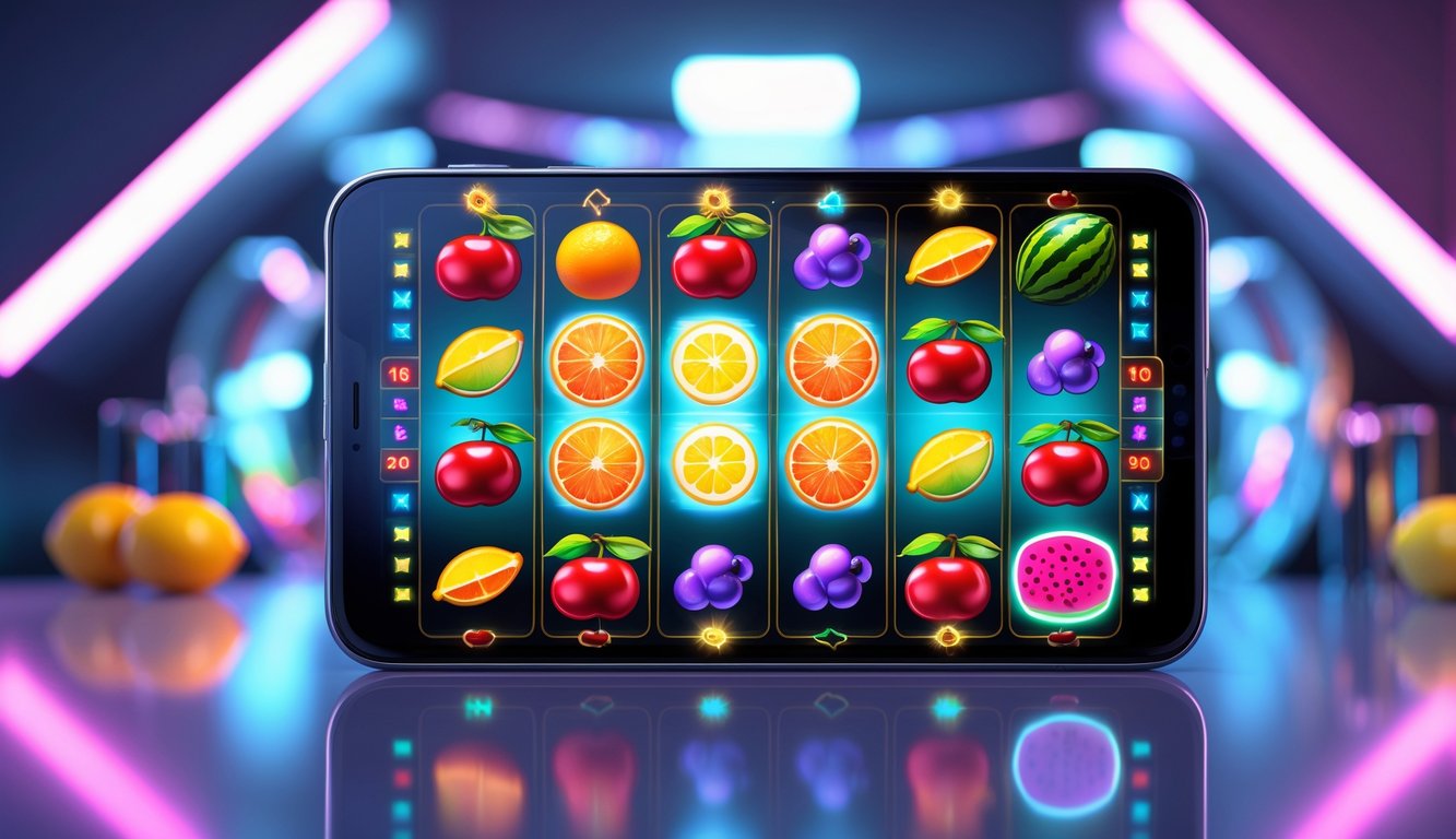 Tampilan layar perangkat digital dengan permainan slot buah berwarna-warni dan simbol buah segar di dalam grid mesin slot.
