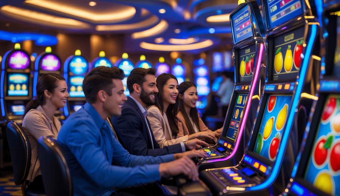 Orang-orang bermain mesin slot buah di dalam kasino yang modern dan terang.