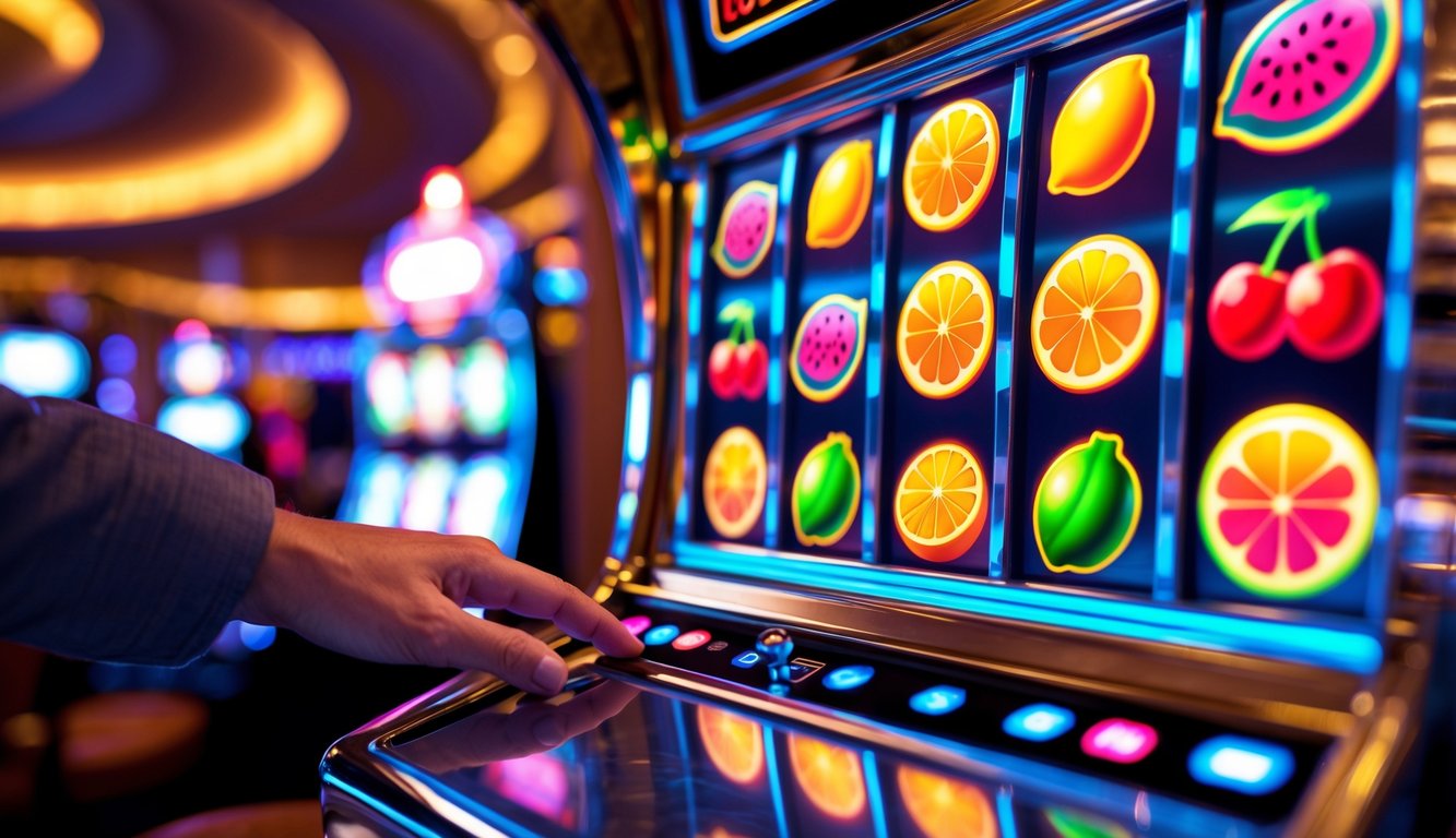 Mesin slot buah berwarna cerah di kasino dengan tangan seseorang menekan tombol putar.