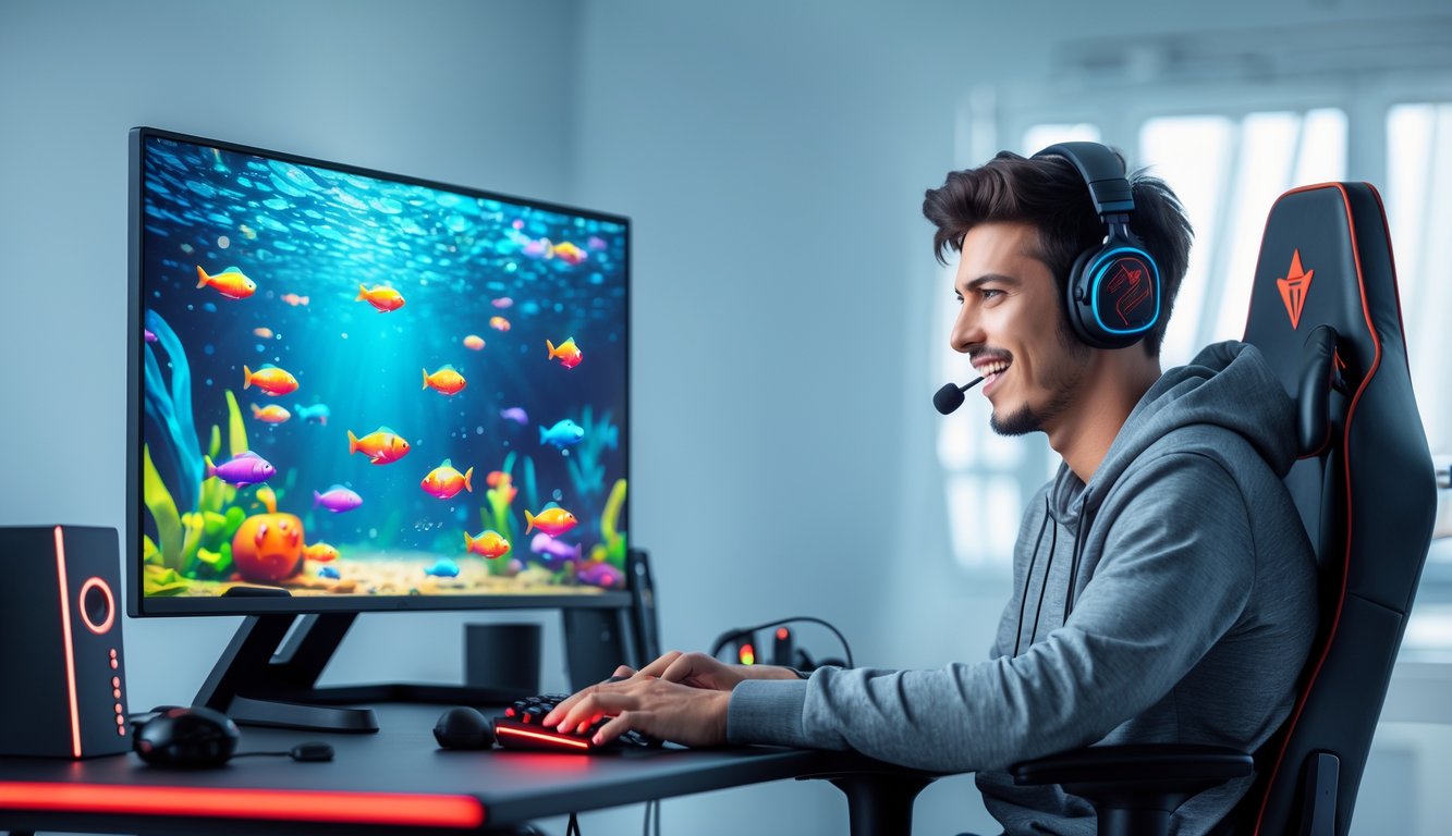 Seorang pria muda duduk di depan layar komputer dengan permainan tembak ikan berwarna-warni, terlihat fokus dan antusias.