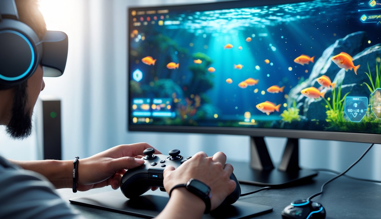 Seseorang sedang bermain game tembak ikan di depan layar komputer dengan visual ikan berwarna-warni.