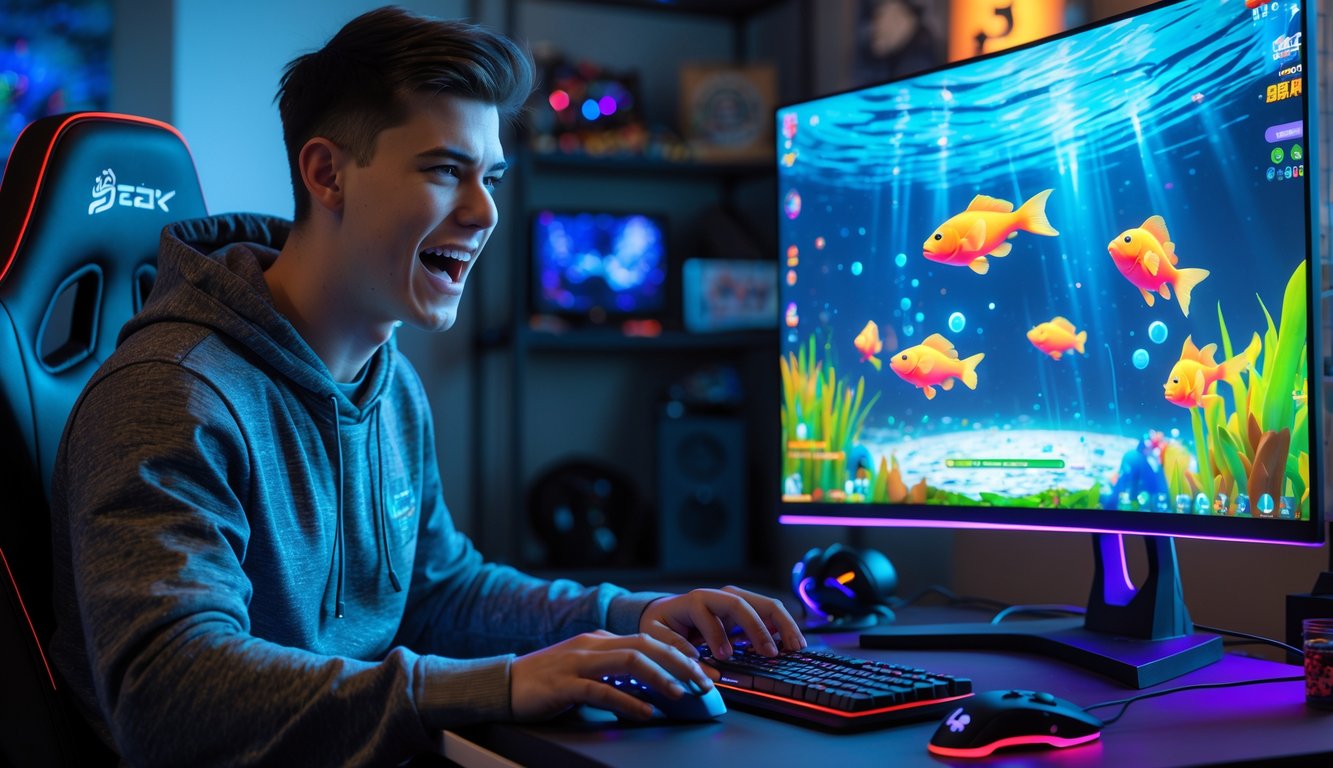 Seorang pria muda fokus bermain game tembak ikan di depan layar komputer dalam ruangan gaming yang nyaman.