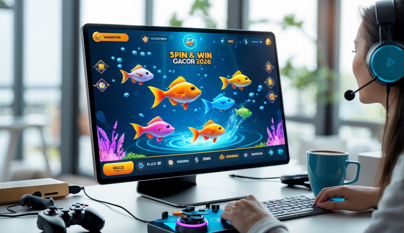 Seseorang sedang bermain game judi tembak ikan di komputer dengan tampilan ikan warna-warni di layar, di meja terdapat aksesori gaming seperti headphone dan kopi.