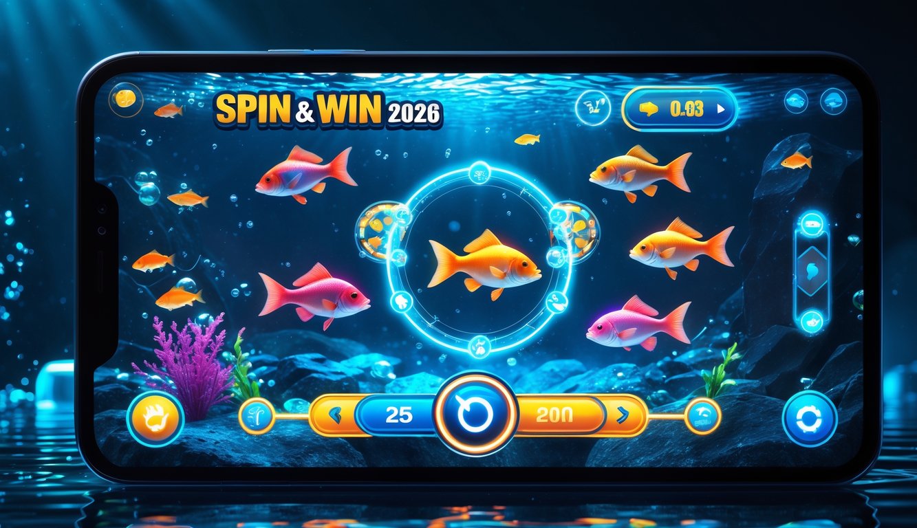 Antarmuka permainan memancing online dengan ikan berwarna-warni dan roda putar di layar digital dengan latar bawah laut.