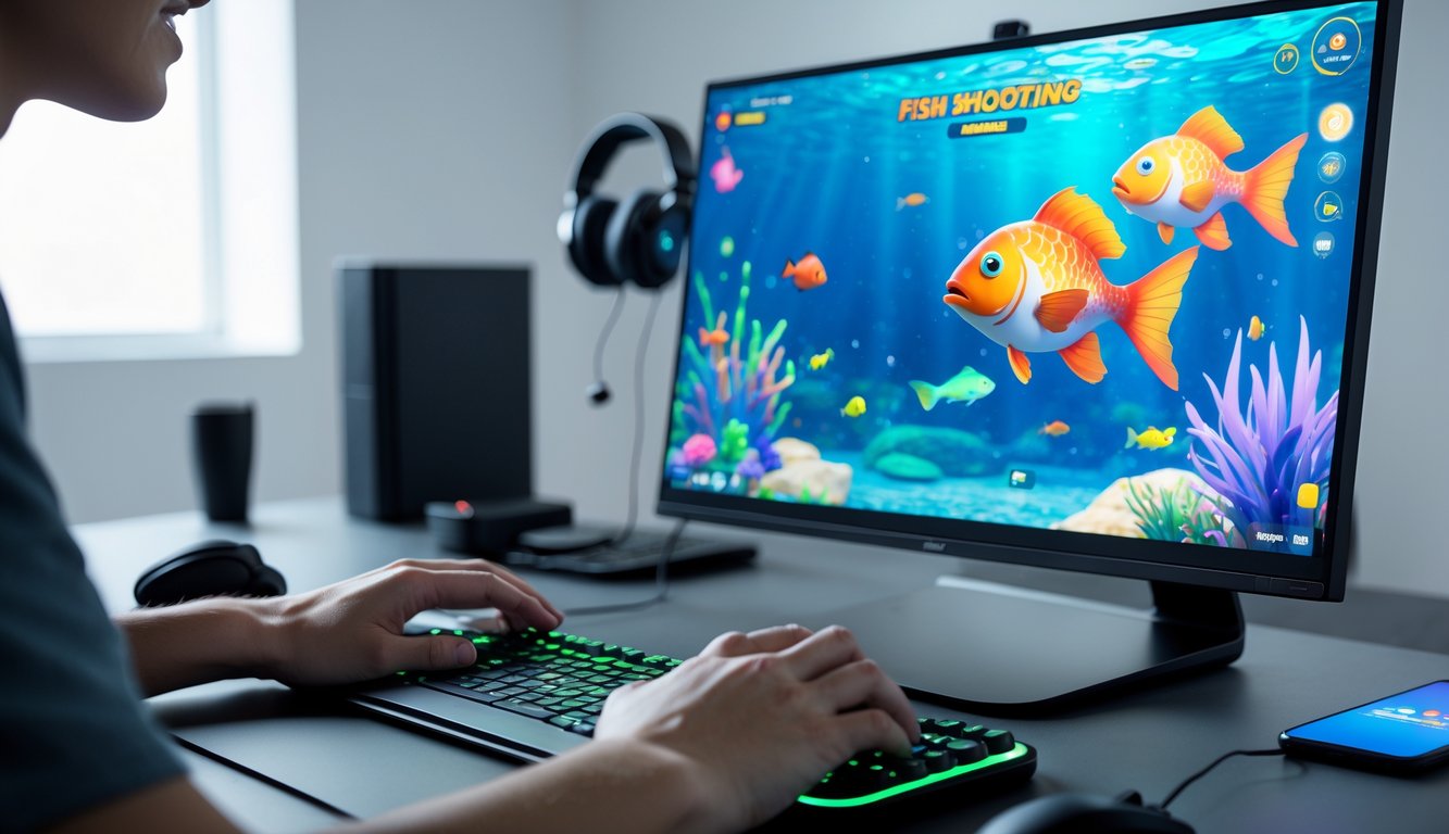 Seseorang sedang bermain game tembak ikan di komputer dengan latar dalam ruangan yang terang dan rapi.