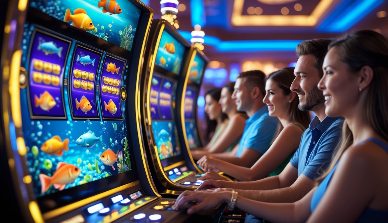 Suasana kasino dengan mesin slot bertema ikan yang berwarna-warni dan pemain yang sedang fokus bermain.