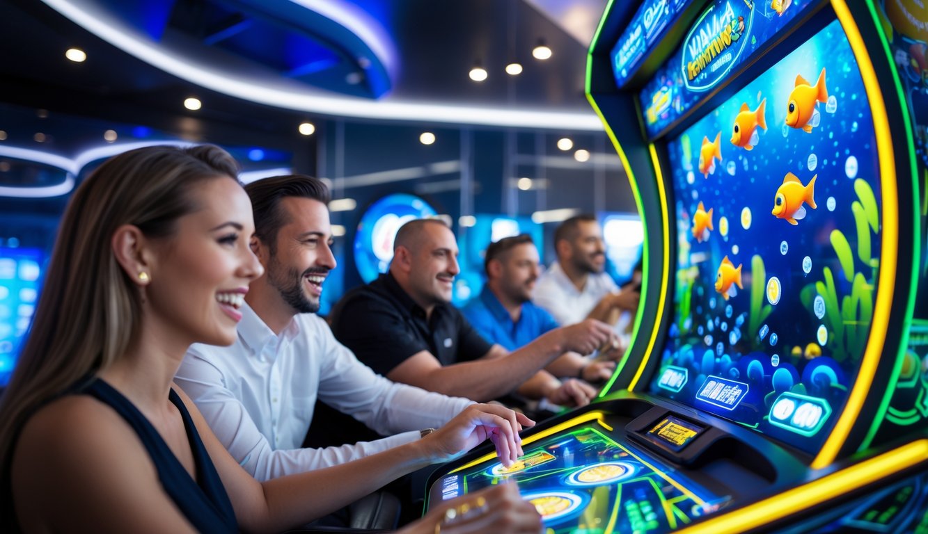 Beberapa orang dewasa sedang bermain mesin judi tembak ikan di ruangan permainan yang modern dengan lampu neon biru dan hijau, tampak fokus dan antusias.