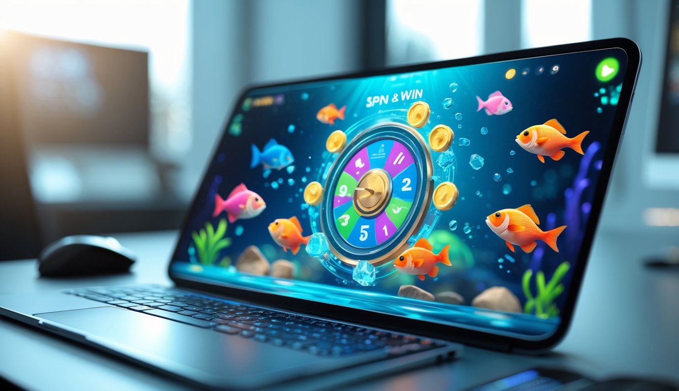 Layar komputer menampilkan permainan tembak ikan dengan grafik bawah laut berwarna-warni dan roda putar, di lingkungan digital modern.