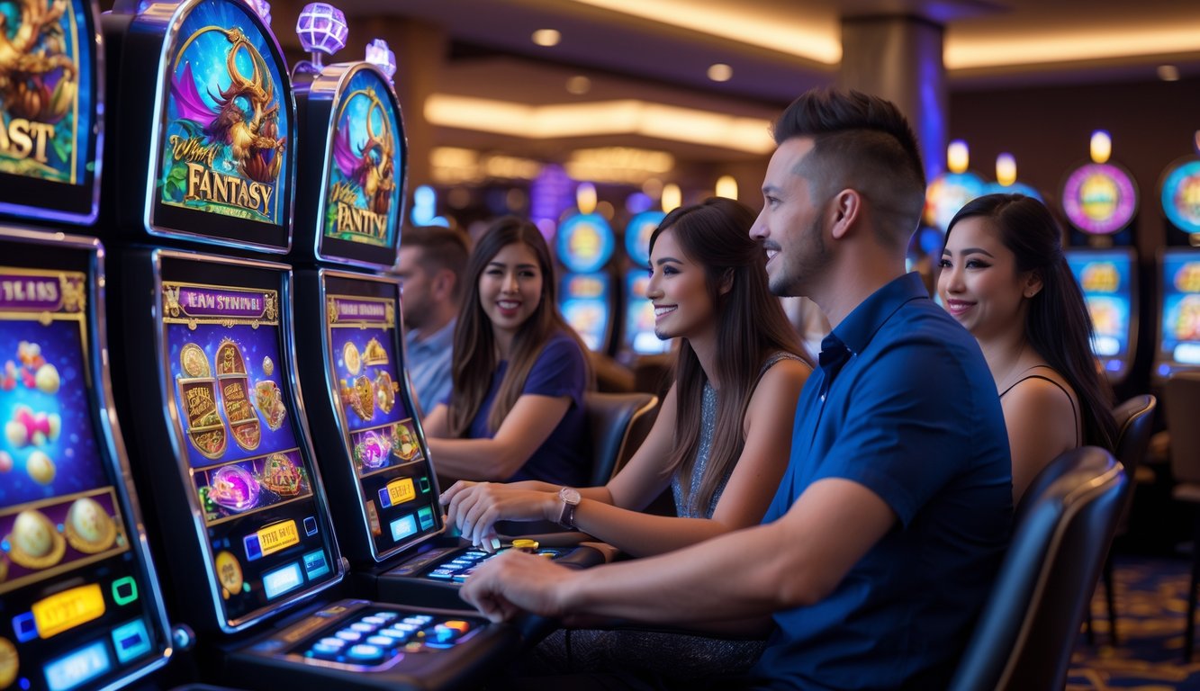 Orang-orang bermain mesin slot bertema fantasi di ruang permainan yang terang dan modern.