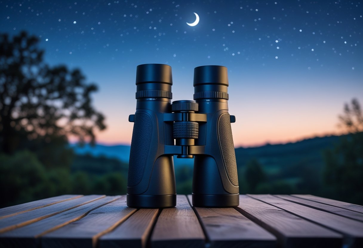 A pair of astronomy binoculars on a wooden table outdoors at dusk with a starry sky and crescent moon in the background.