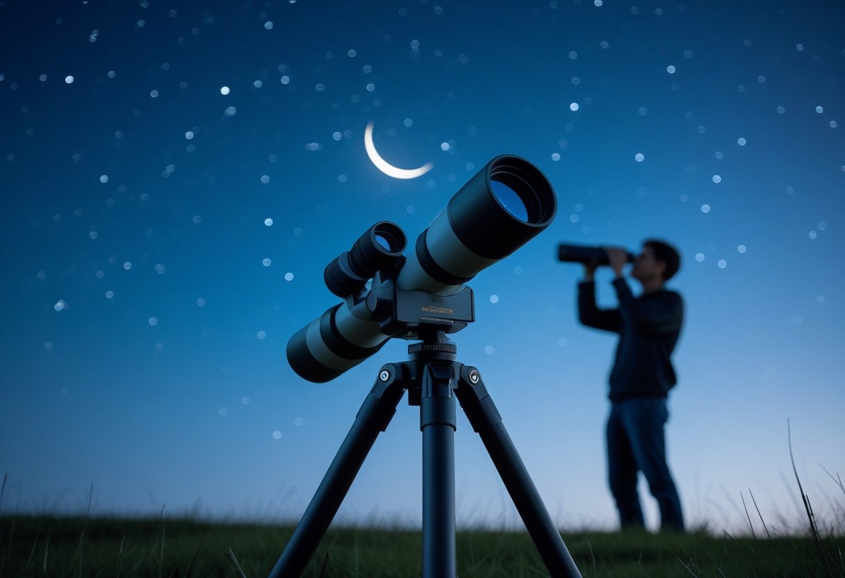 A pair of astronomy binoculars on a tripod under a starry night sky with a person looking through them in a natural outdoor setting.