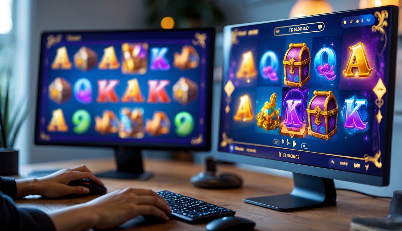 Seseorang bermain permainan slot fantasi di komputer dalam ruangan kerja modern yang nyaman.