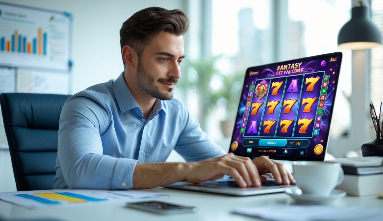 Seorang pria duduk di depan laptop dengan layar menampilkan permainan slot fantasi, terlihat fokus dan serius di sebuah kantor modern.