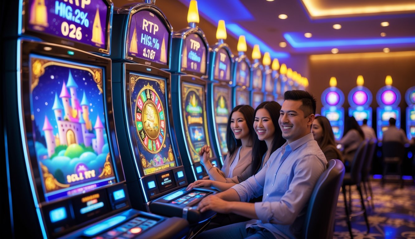 Beberapa orang sedang bermain mesin slot bertema fantasi di kasino dengan suasana cerah dan penuh semangat.