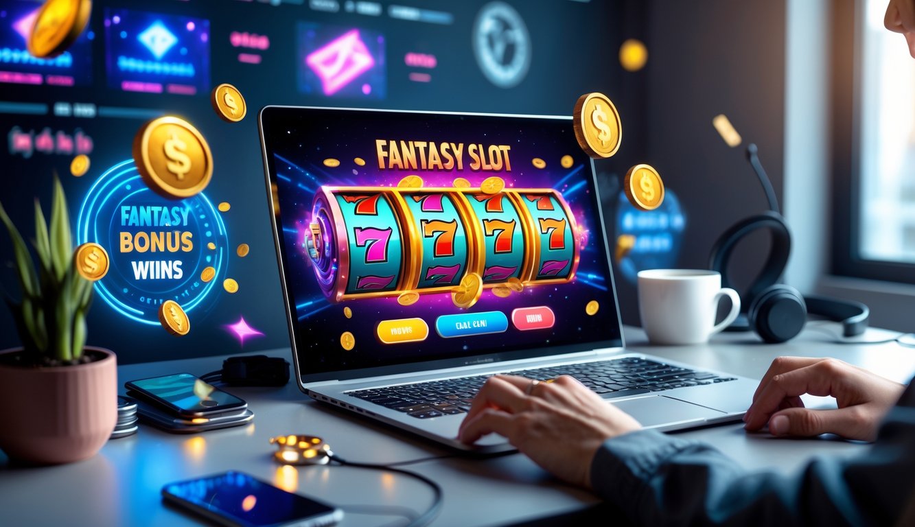 Seorang pemain muda duduk di depan laptop yang menampilkan permainan slot fantasi dengan simbol berwarna cerah dan elemen bonus di ruang kerja modern.