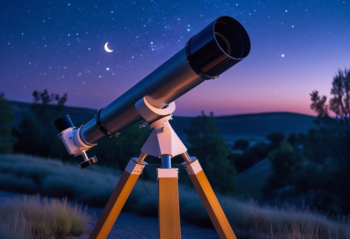 A Dobsonian telescope outdoors at dusk aimed at a starry night sky with a crescent moon and natural landscape in the background.