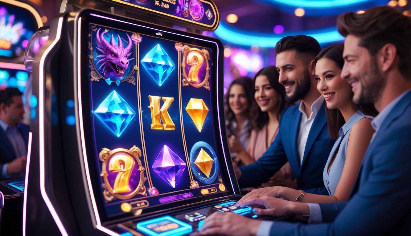 Orang-orang bermain mesin slot bertema fantasi dengan simbol naga dan permata di lingkungan kasino futuristik.