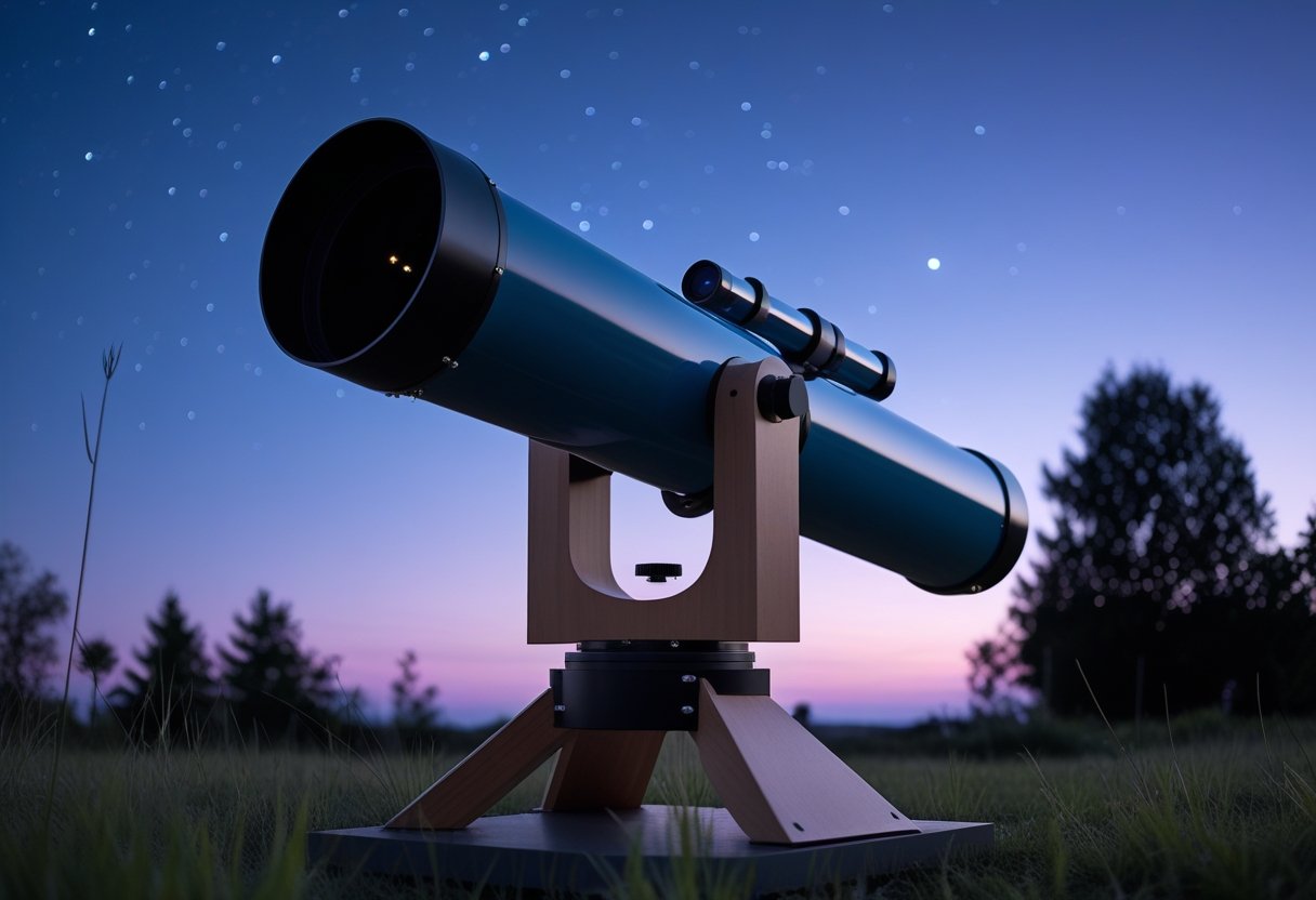 A Dobsonian telescope outdoors at dusk with a clear sky and stars beginning to appear.