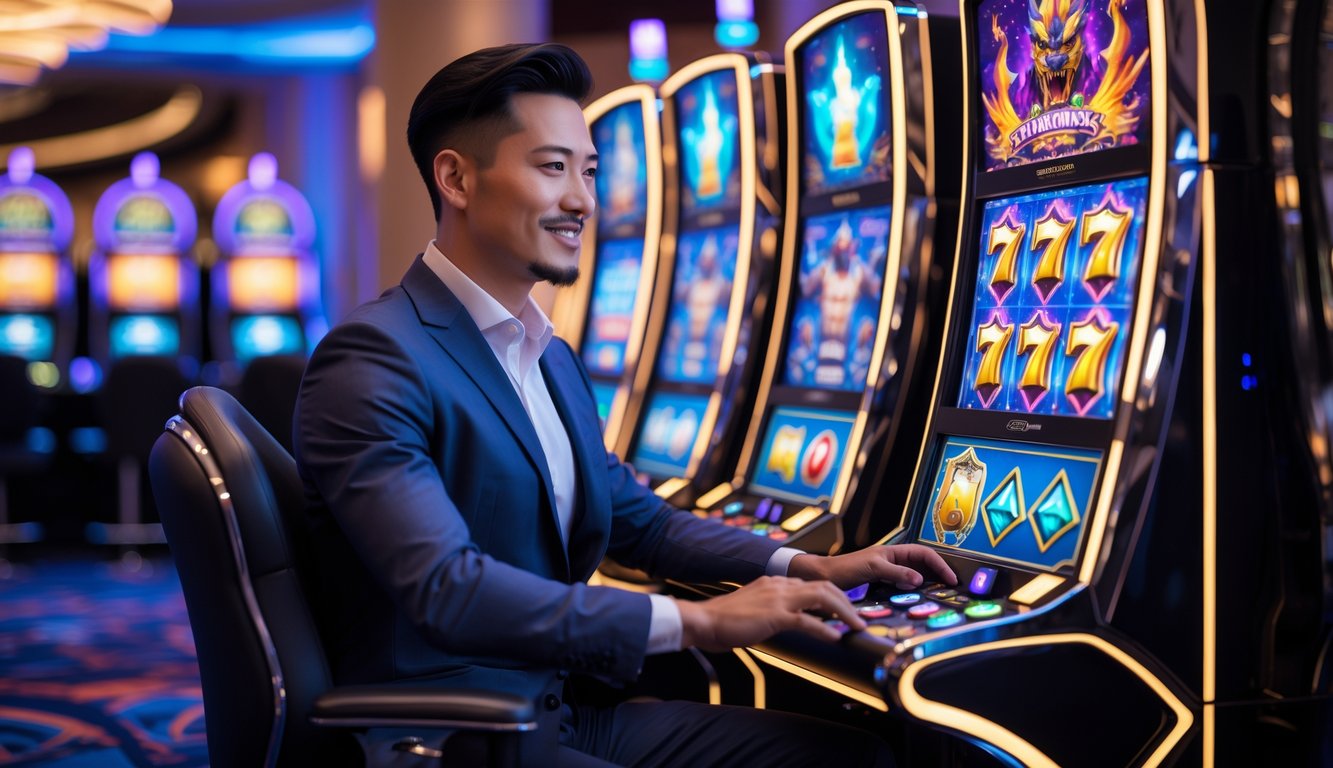 Seorang pemain profesional sedang duduk di depan mesin slot bertema fantasi dengan grafis warna-warni di dalam kasino modern.
