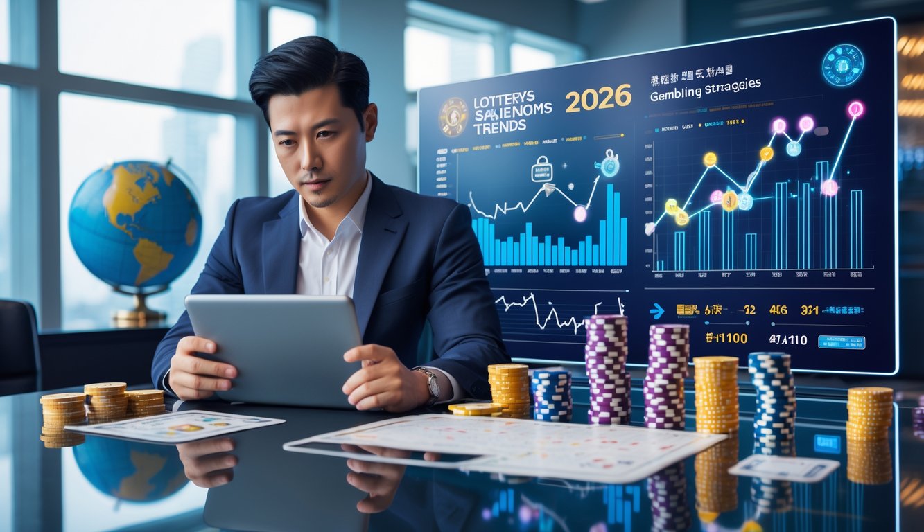 Seorang individu sedang menganalisis data di kantor modern dengan layar digital dan perlengkapan judi seperti chip dan kartu di meja.