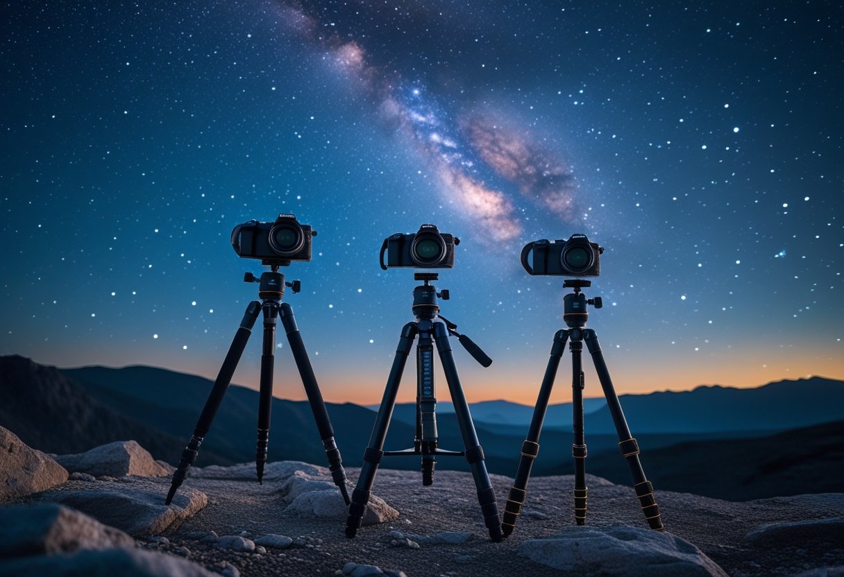 Three camera tripods with cameras set up on rocky ground under a starry night sky with mountains in the background.