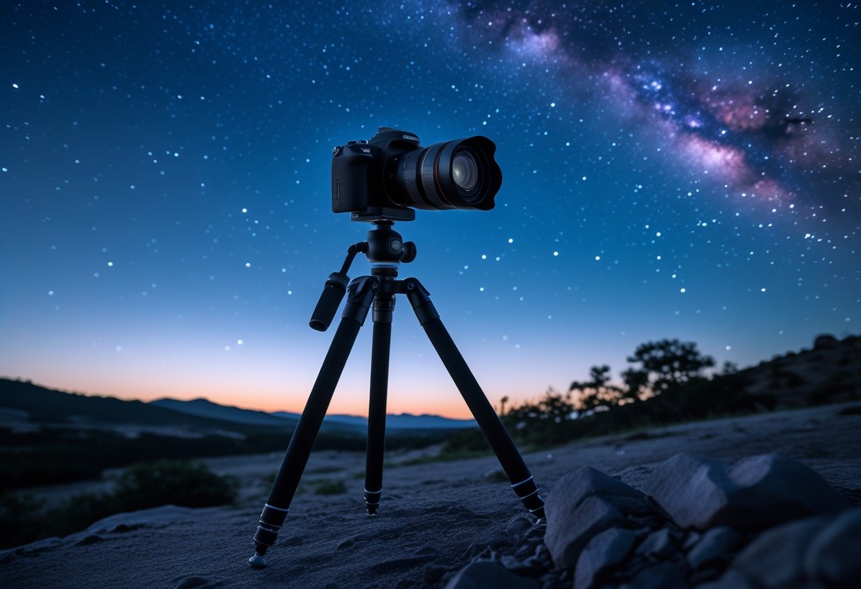A sturdy tripod with a camera set up outdoors at twilight, pointing toward a starry night sky with the Milky Way visible.