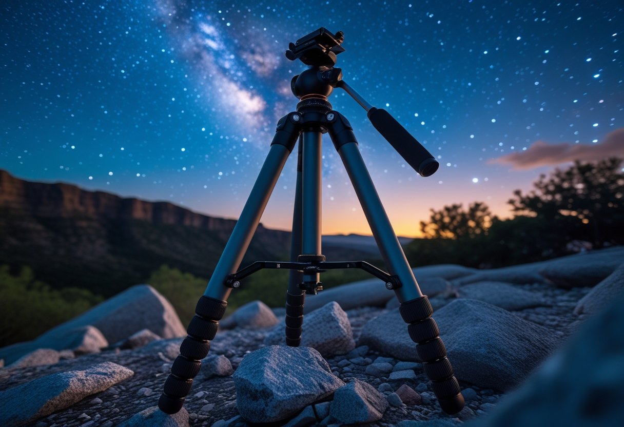 A sturdy tripod set up outdoors at night under a clear starry sky with the Milky Way visible.