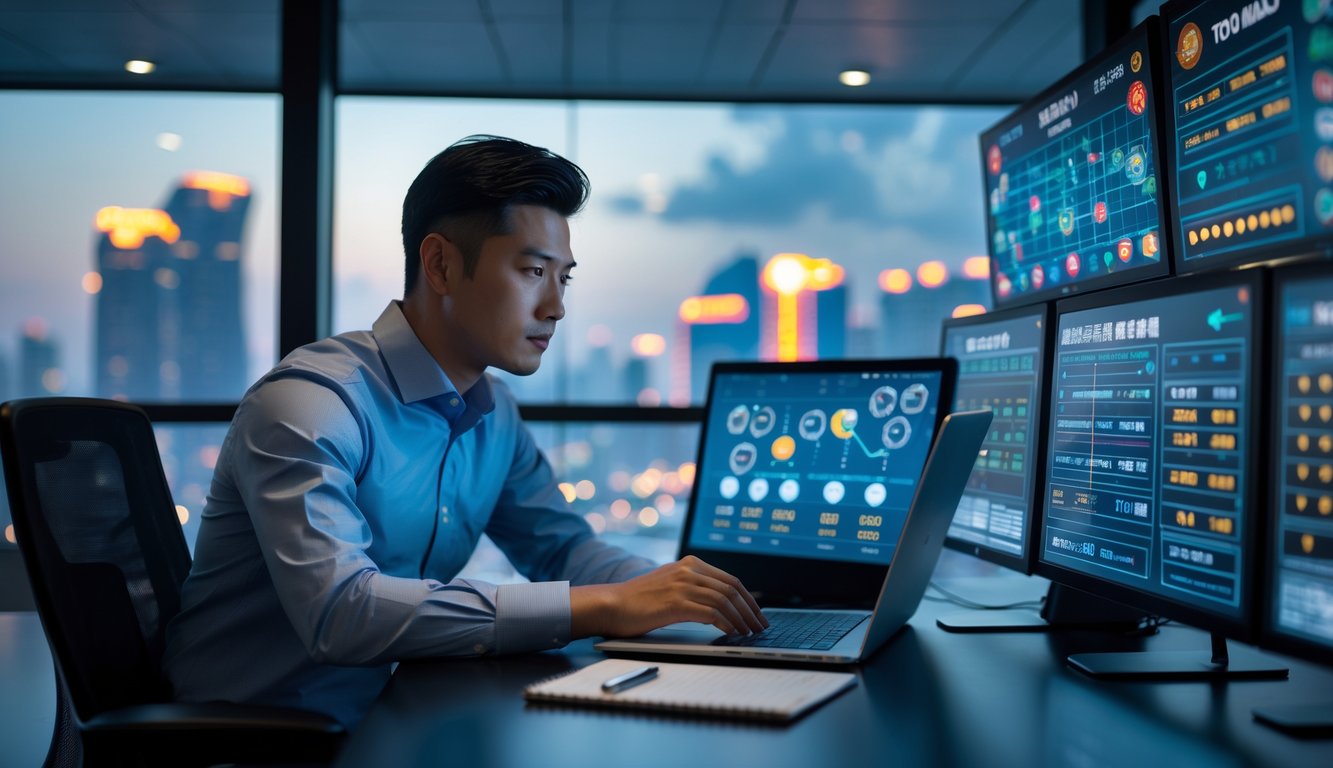 Seorang pria Asia duduk di meja kantor modern sambil menganalisis layar komputer dengan grafik dan elemen terkait judi, dengan latar belakang pemandangan kota Macau di malam hari.