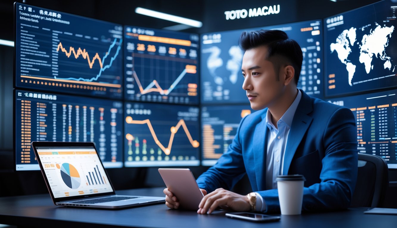 Seorang pria berpakaian rapi sedang menganalisis data dan grafik di layar digital dalam ruangan kantor modern.