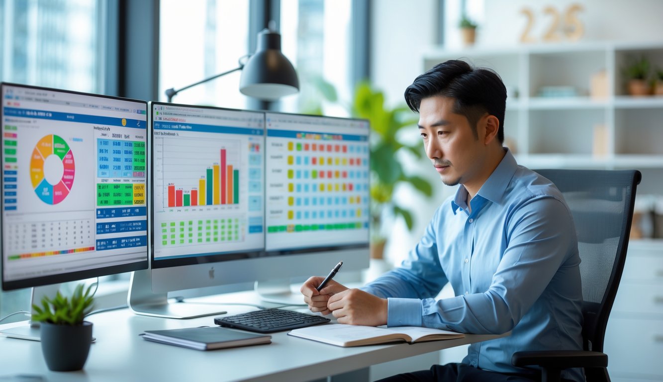 Seorang pria Asia sedang menganalisis data angka di depan beberapa layar komputer di kantor yang terang dan rapi.